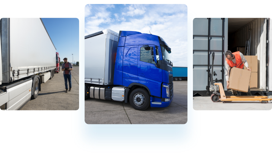 a truck with a blue cover is parked on the side of the road, a man wearing orange carrying a box, a man holding a device while looking at a truck
